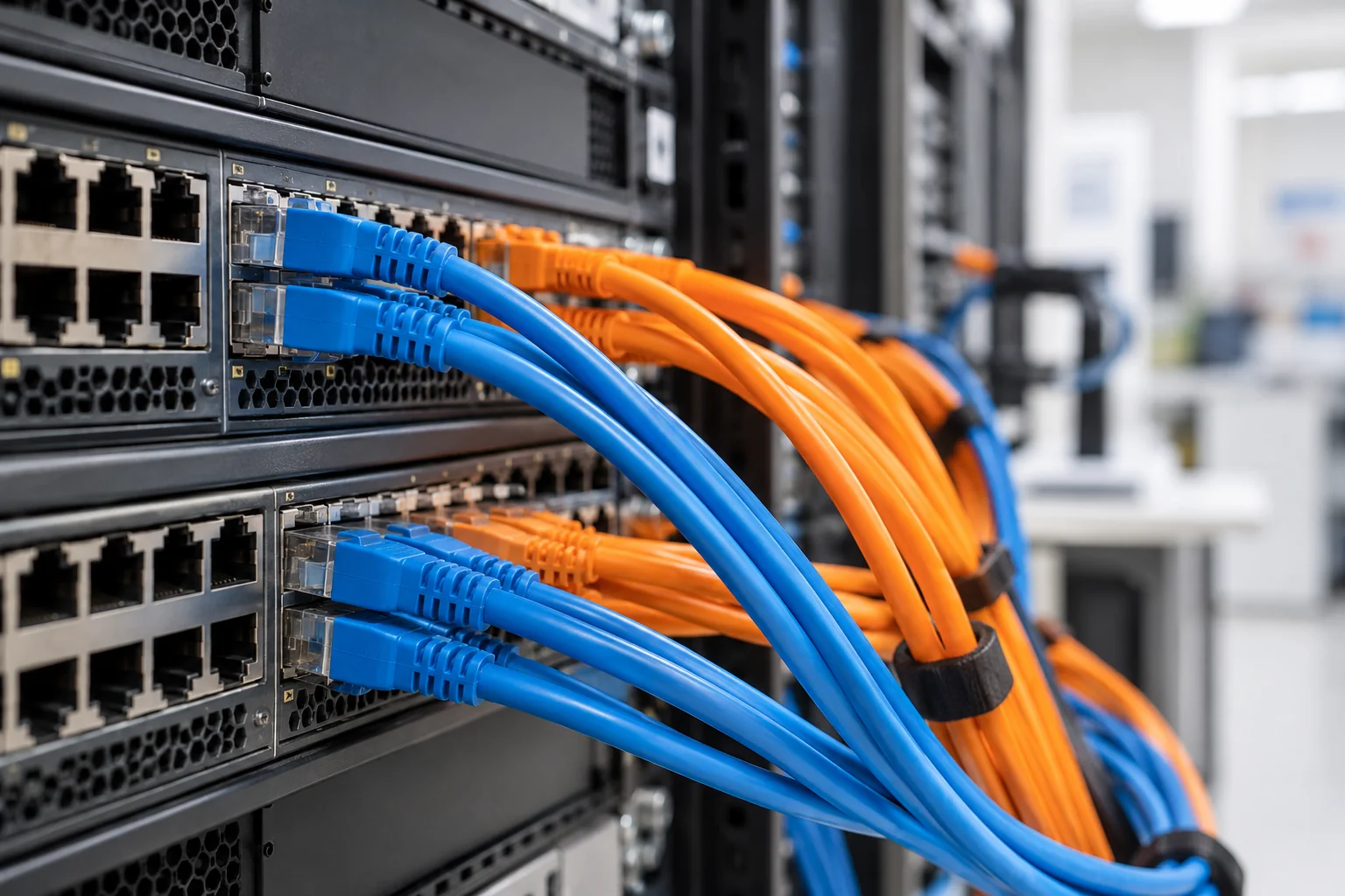 Blue and orange cables connected to network hardware